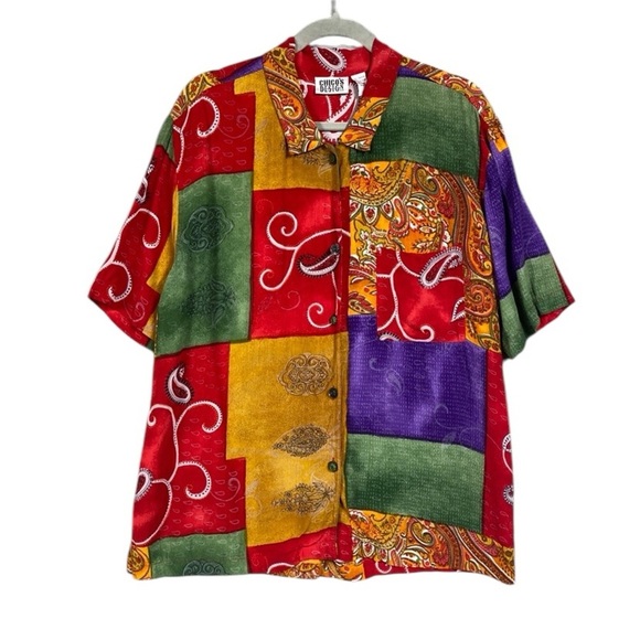 Vintage Chicos Design Artsy Button Up Shirt Size 2 L Short Sleeve Paisley Camp - Picture 1 of 7